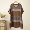 Striped Cotton and Linen T-shirt  Dress Women's Summer Thin Loose Mid-length V-neck Short-sleeved Women's T-shirt Skirt