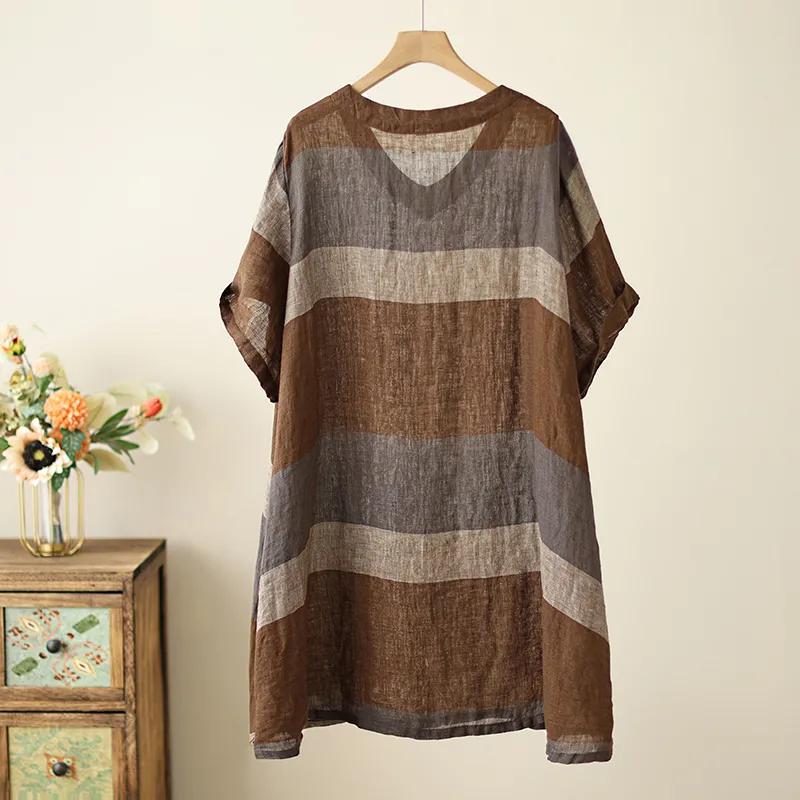 

Полосатое хлопково-льняное платье-футболка женское летнее тонкое свободное средней длины с V-образным вырезом и короткими рукавами женская футболка-юбка XXL кофейный