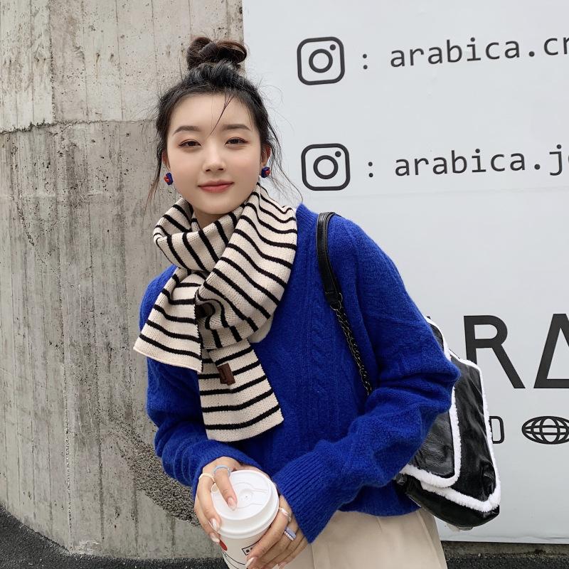 Chic style cute soft sister wool small scarf women's autumn and winter retro horizontal strip Korean version short thickened student scarf