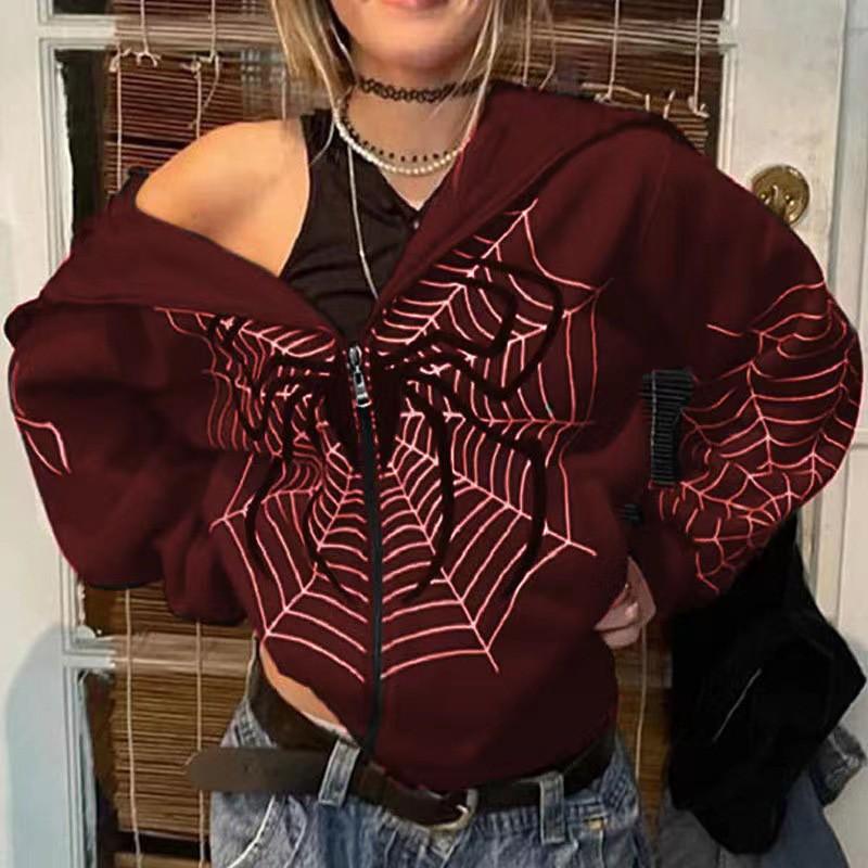 Mens Streetwear Spider Print Hooded Zip Pullover Sweatshirt Winter Casual Loose Top