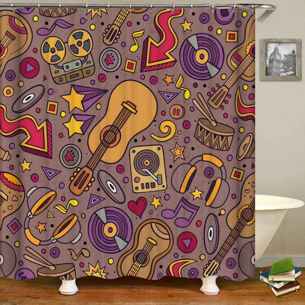 Music Rock Guitar Shower Curtains Modern Bathroom Curtains 3D Printed Decoration Waterproof Cloth With 12 Hooks Bath Curtain