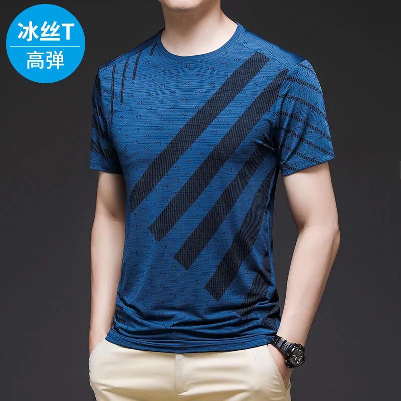 

Mens Ice Silk High Stretch Diagonal Stripe Short Sleeve T-Shirt M синий