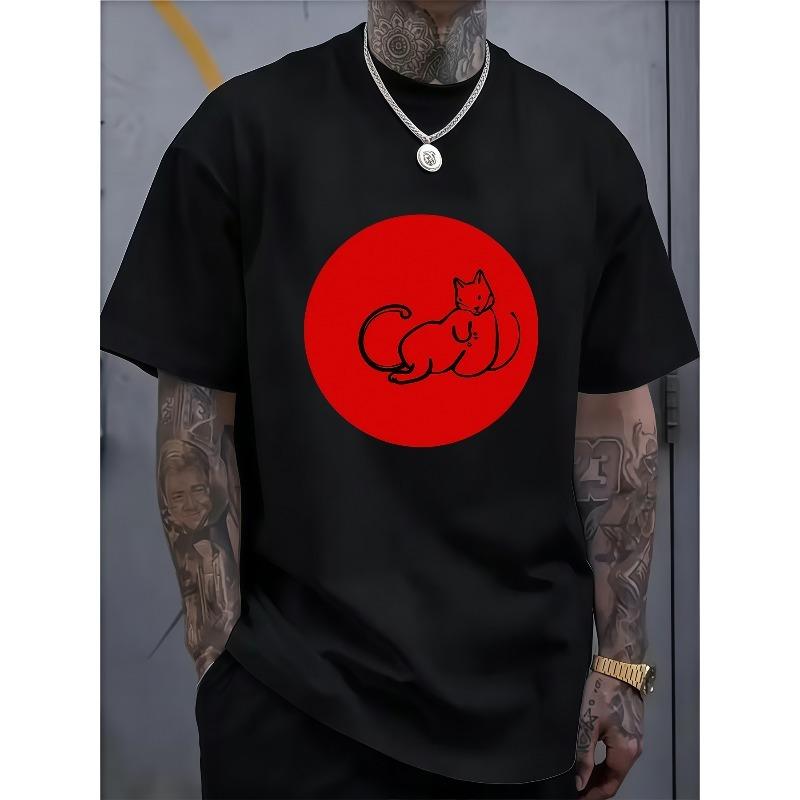Men'S Playful Cat Graphic Crew Neck T-Shirt - Fun And Trendy Design, Soft And Breathable, Eye-Catching Art, Short Sleeve Summer Shirt