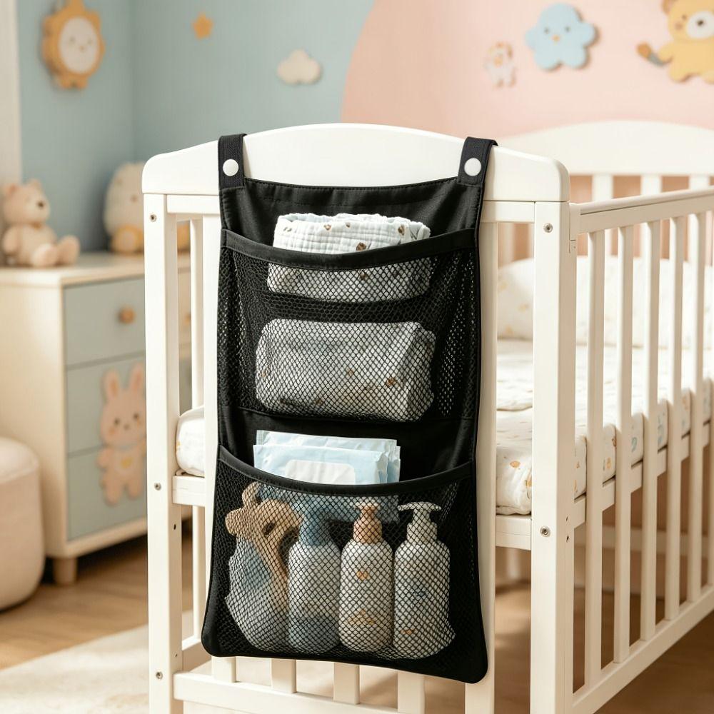 Large Capacity Hanging Storage Bag Lightweight Space Saving Baby Crib Hanging Bag Cloth Button Fastener Bedside Organizer