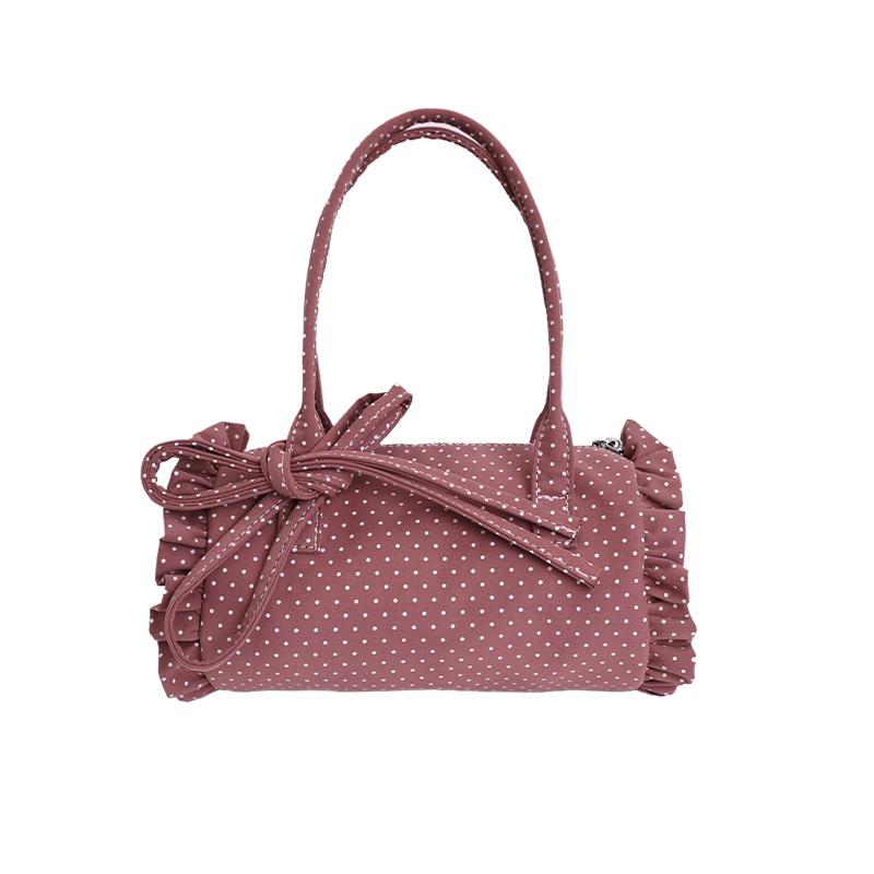 

2026 Spring Coquette Style Essential Cute Polka Dot Ruffle Mini Handbag Bow Decor Canvas Tote for Shopping Brunch and Daily Use рожевий
