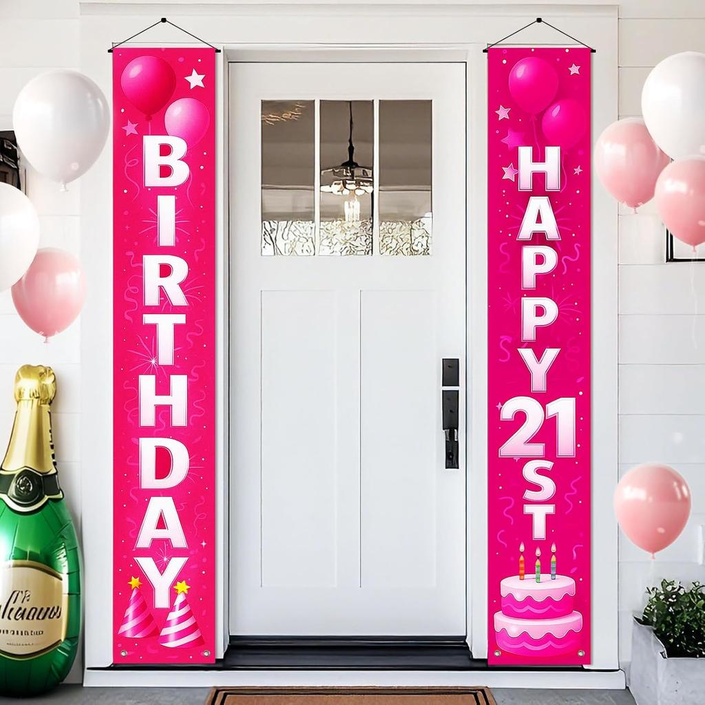 18th Birthday Door Banner 12x72 Inch Pink Gradient Backdrop with White Letters Balloon Cake Star Streamer and Graphics Happy Birthday Sign for Party