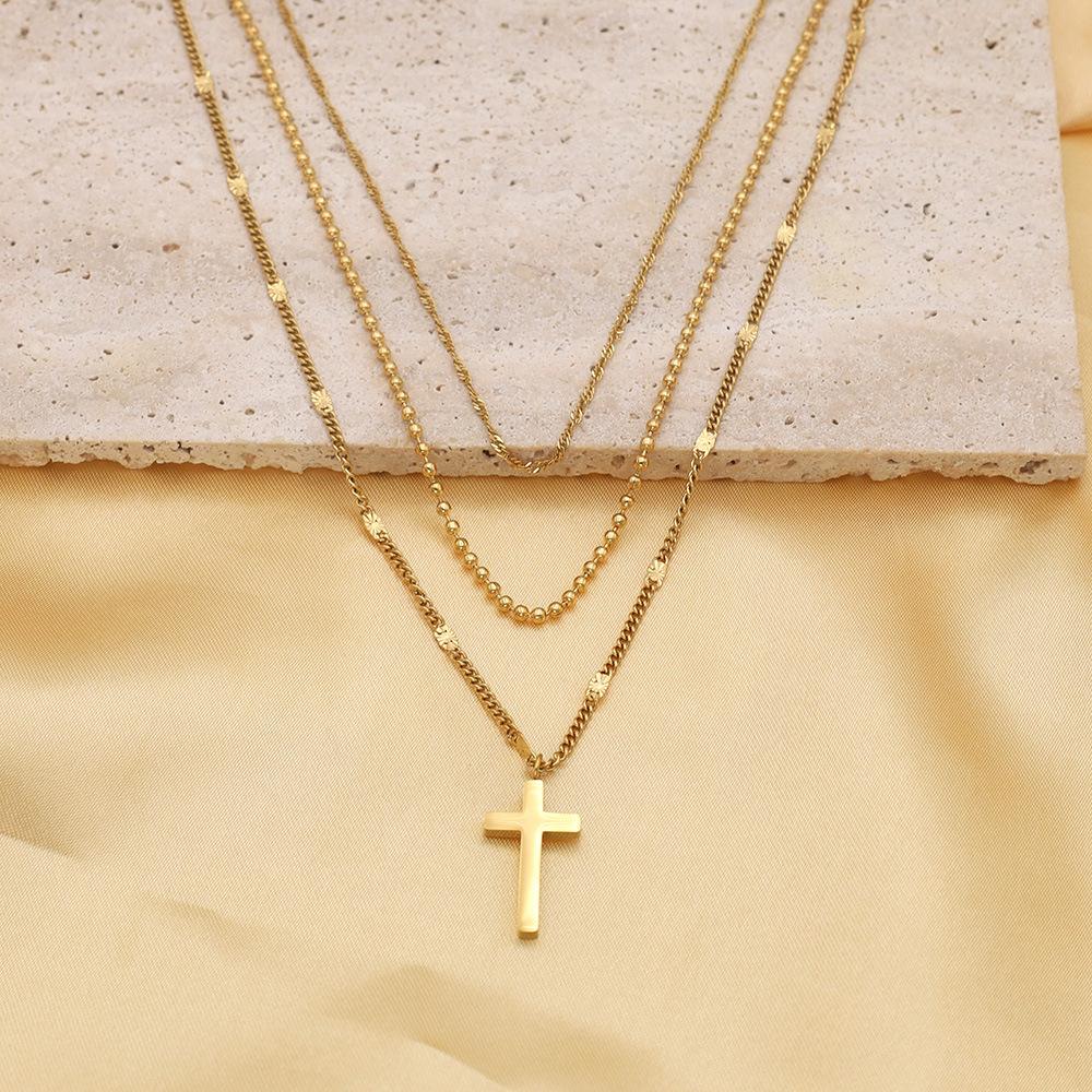 French Retro Three-Layer Chain Stacked Non-Fading Cross Pendant Necklace Collarbone Chain Men'S And Women'S Popular Jewelry