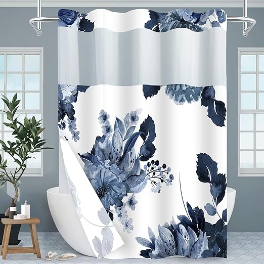 

No Hook Shower Curtain With Snap In Liner Set, Blue Floral And White Modern Hotel Style Fabric Inner Liner For Bathroom, 71X74 I синій