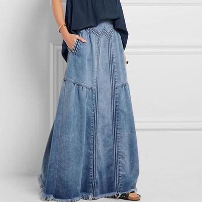 Damen Denimrock in Übergröße mit Bändern und Fell-Elastikbund, hoch taillierter Denimrock