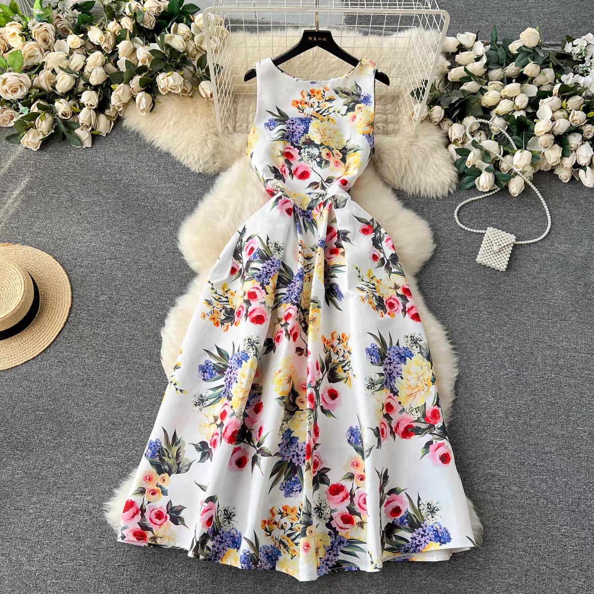 

Женское платье-майка с цветочным принтом, элегантное модное летнее платье трапециевидной формы с круглым вырезом без рукавов и высокой талией, вечернее платье-майка для взлетно-посадочной полосы L