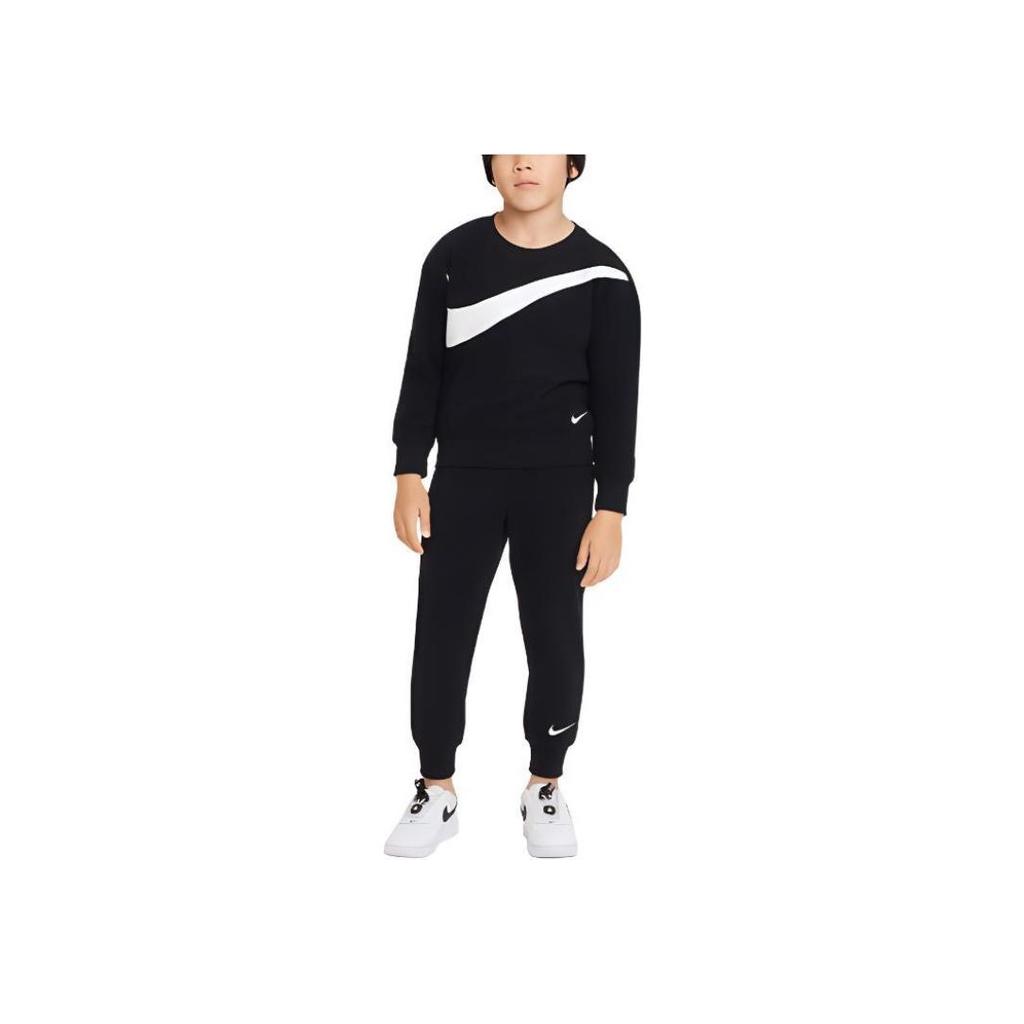 Nike Casual Sports Suit Swoosh Color Block Pattern Spliced Round Neck Long Sleeve Top Logo Design Cuffed Pants Kids Suit Black FD5038-010