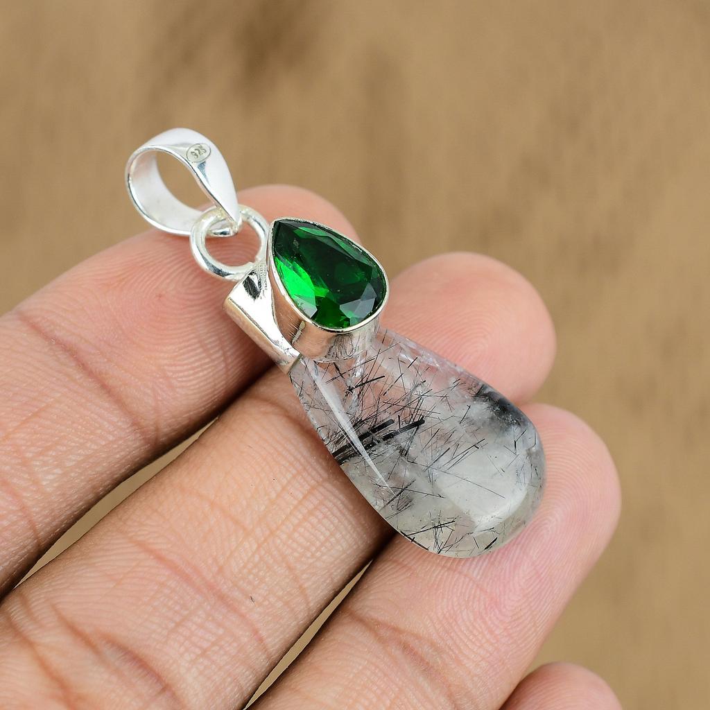 Natural Black Rutile Gemstone Jewelry 925 Sterling Silver Pendant For Women
