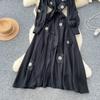 Chic Vintage Three-dimensional Single Breasted Slim Elegant Fairy Korean Fashion Boho Women Clothing Long Dress
