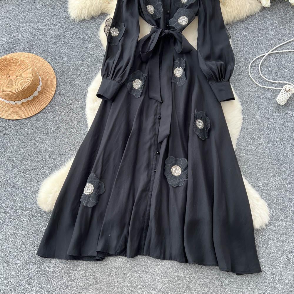 Chic Vintage Three-dimensional Single Breasted Slim Elegant Fairy Korean Fashion Boho Women Clothing Long Dress