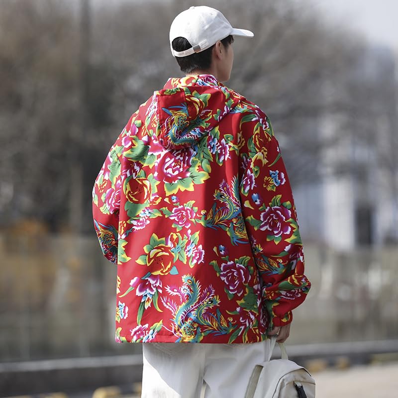 Rosesky Long with a Bright Floral Zipper Windproof and Chinese Street Available in Two Plus Sizes Men's Hoodie, Sleeve, Print, closure, Unisex,