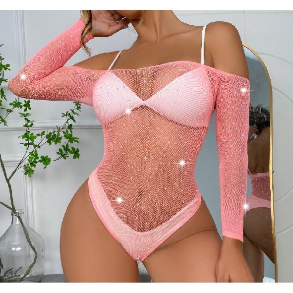 

Европейские и американские дамы, популярное блестящее сексуальное нижнее белье со стразами, цельное цельное сетчатое нижнее белье с длинными рукавами и мелкой сеткой