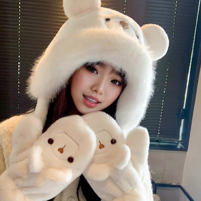 Plush Bear Ear Hat for Women In Autumn and Winter Thickened Warm Ear Protection Goggles Cute Lei Feng Hat Riding Gloves