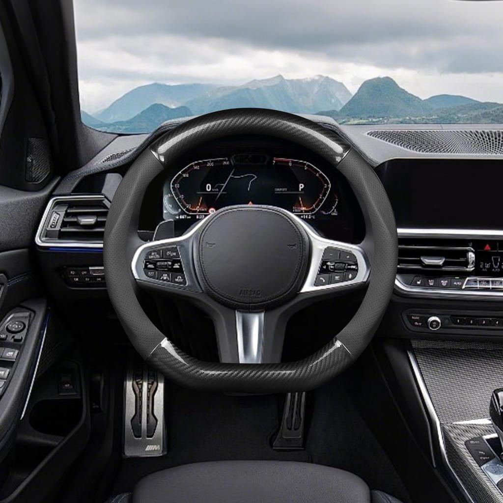 Ergocar Car Steering Wheel Cover Non-Slip Car Steering Wheel Protector Sport D-Shape Carbon Fiber & PU Leather Universal For Diameter 38Cm(15")