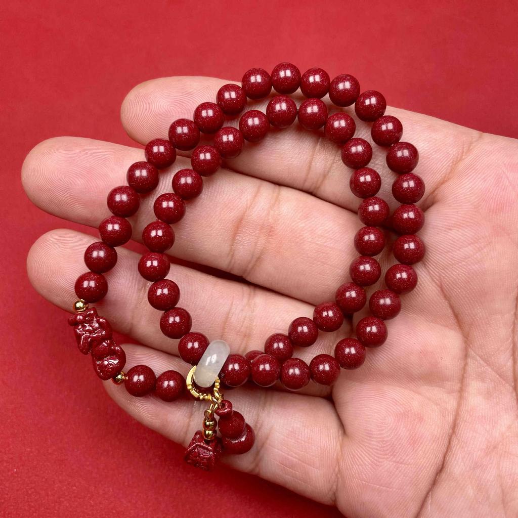 High-content Purple Gold Sand Bracelet with Pixiu, Double-circle Cinnabar Birthstone Bracelet