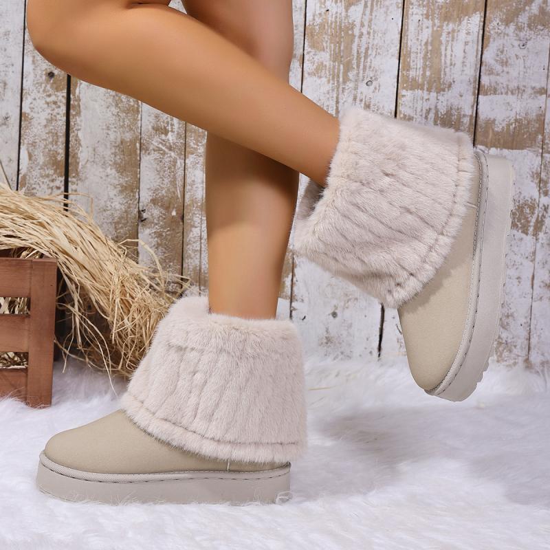 Fashion Warm Faux Fur Boot Tube Snow Boots Women 2025 Winter Round Toe Soft Thick Bottom Medium Heel Ankle Boots Winter Cotton Shoes