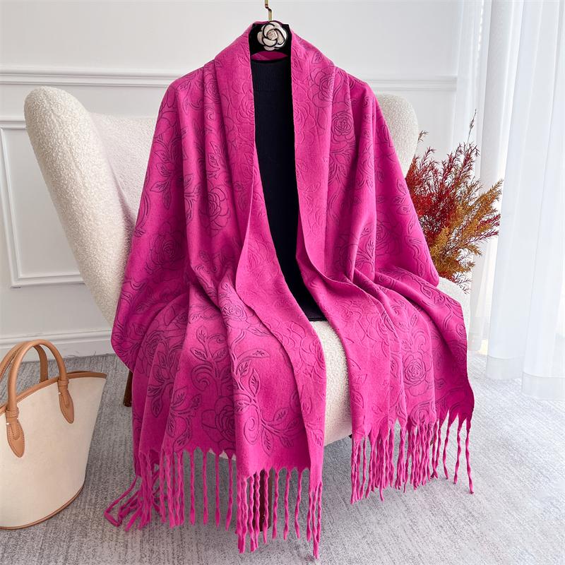 Embossed Cashmere Winter Scarf for Women Plain Warm Chunky Shawl Elegant Lady Poncho Pashmina Hijab Bufanda Boho Cape for Winter