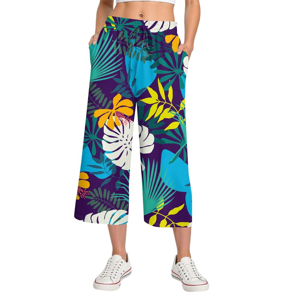 Damen Sommer Hohe Taille Bedruckte Freizeit-Sportbekleidung Lässige Cropped-Hose Weite Hose