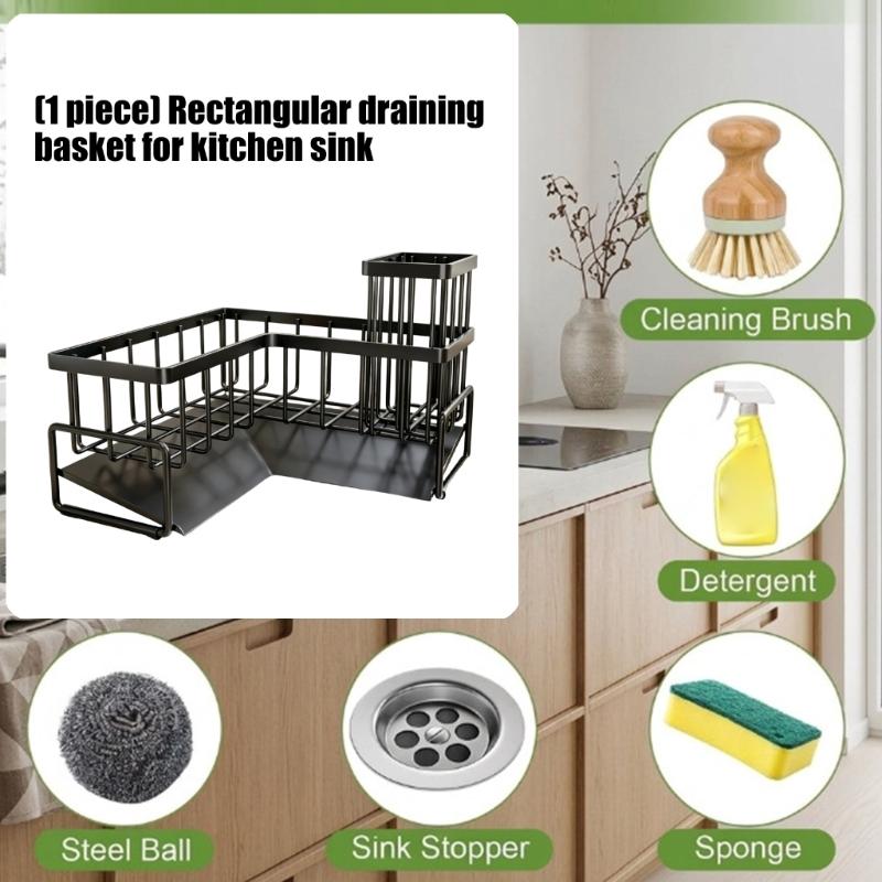 Carbon Steel Kitchen Sink Rack with Separate Storage Sections, a Water-Catching Bottom Tray and Freestanding Placement for Cleaning Supplies