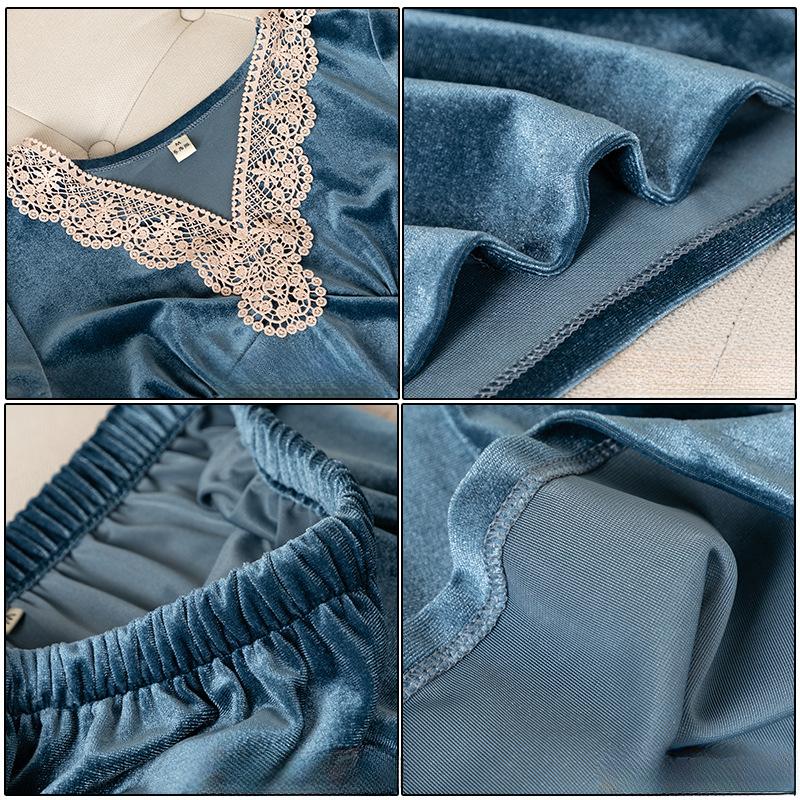 Velvet Pajamas Set Female Long Sleeve Trouser Pijamas Suit Autumn Winter Velour Sleepwear Loose Lace Trim Home Wear Loungewear
