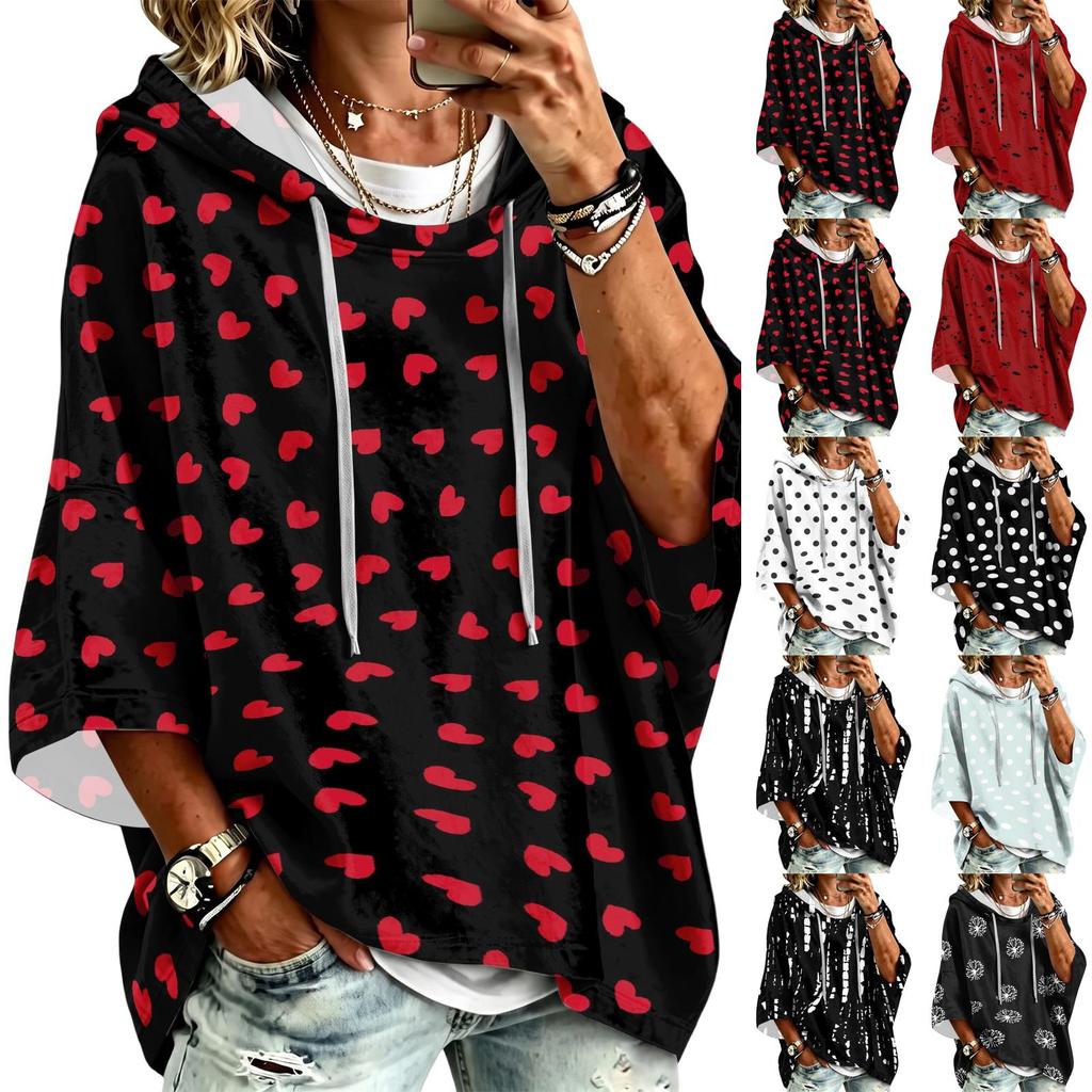 Women's Fashion Polka Dot Print Hooded Pullover Top with 3/4 Sleeves
