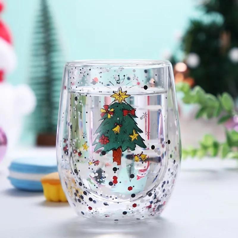 Weihnachts-Doppelwand-Glasbecher, hitzebeständig, Wasserbecher, Weihnachtsbaum, Schneemann-Muster, Saft, Tee, Milch, Kaffeebecher, Weihnachtsgeschenk