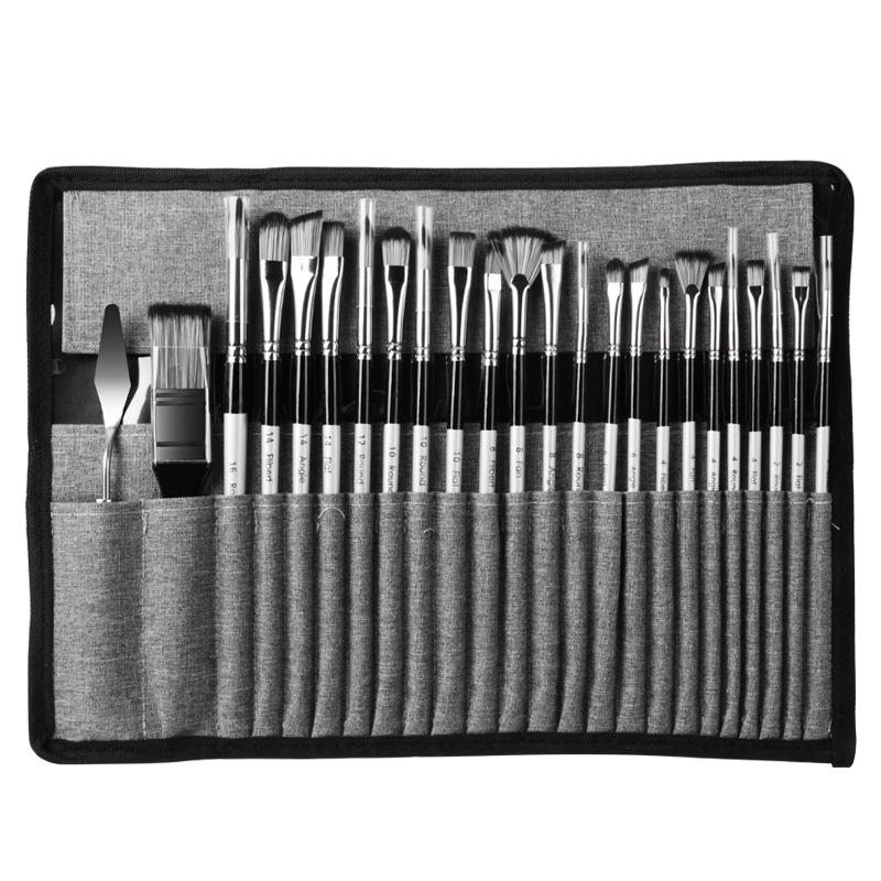 24pcs Nylon Hair Paint Brushes Set,Professional Artist Brush With Roll-Up Canvas Case,Multi-Shape Brushes For Artists & Students