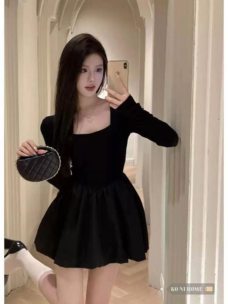 Petite French Chic Black Puffy Princess Dress - Women's Autumn Mini Tulip Skirt