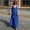 LYRIA French Vacation Style Blue V-neck Halter Backless Long Dress New Style