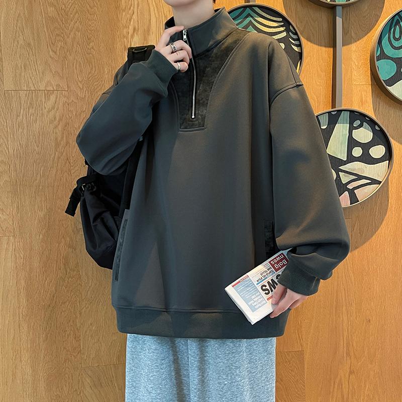 Men's Oversized Half Zip Sweatshirt, Gray Fleece Casual Pullover with Stand Collar, Loose Fit Streetwear Top for Autumn and Winter