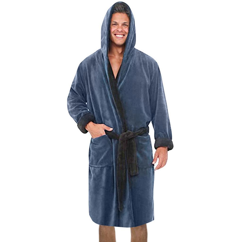 Accappatoio da uomo taglie forti a maniche lunghe, accappatoio invernale in peluche di media lunghezza con cintura e tasche, morbido e confortevole, abbigliamento da casa