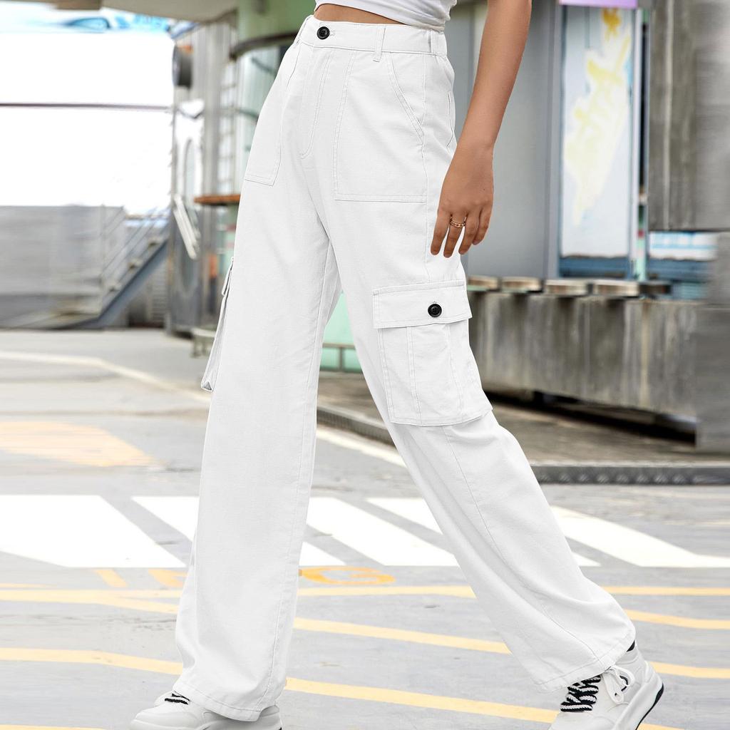 Women's Casual Street Style Multi-pocket Straight High Waist Slim Wide Leg Work Trousers