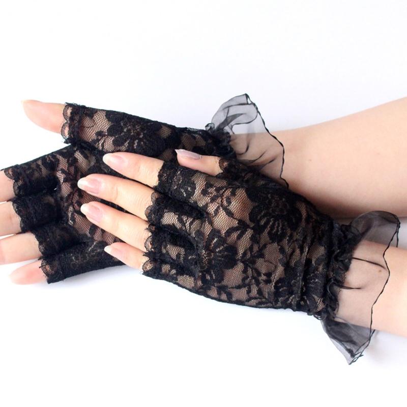 Women Bride Short Gloves Nightclub Hollow Out Lace Gloves Dancing Party Half Finger Gloves Pleated Cuff Decor Mitten