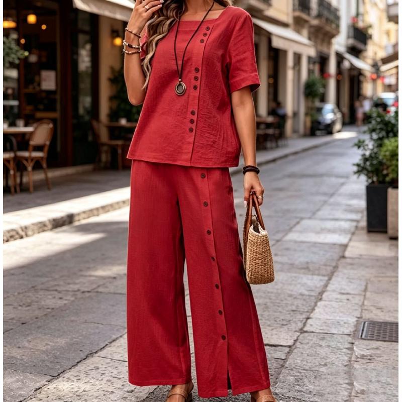 Women's Fashionable Loose Round-neck Button Short-sleeved Shirt and Wide-leg Pants Set