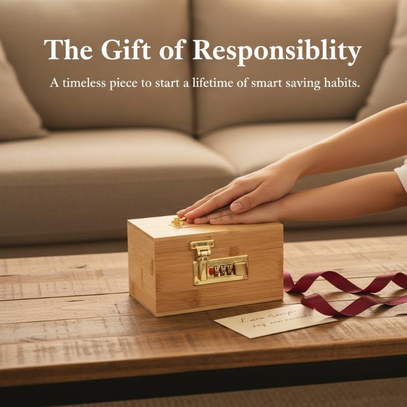 Combination Lock Wooden Piggy Bank Savings Treasure Box with 3 Digit Code Secure Small Safe for Kids Money Storage Box Home