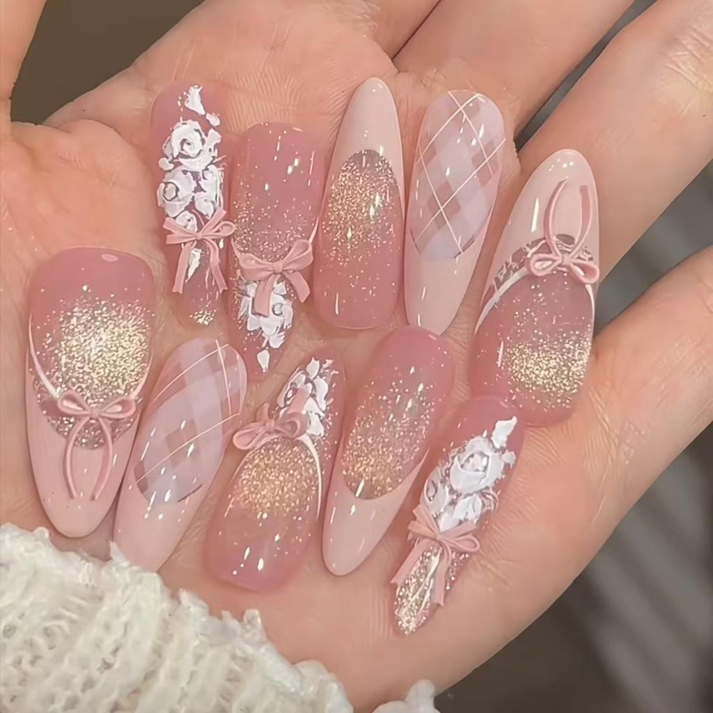 10Pcs French Almond Handmade 3D Flower Press On Nails Reusable Stick On False Nails