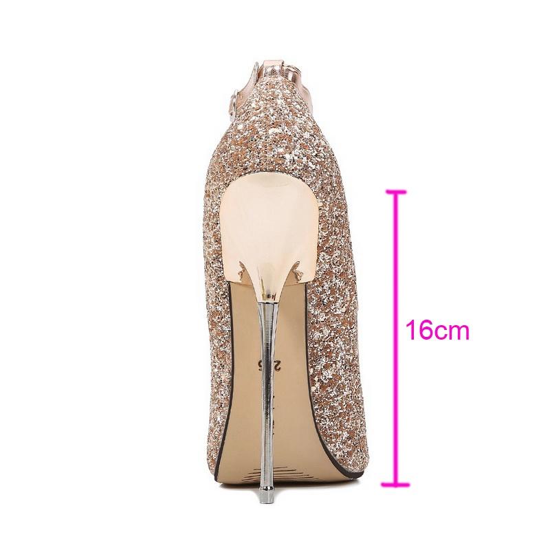 Women Sequined Cloth Metal High Heel Shoes Pointed Toe Ankle Strap Pumps for Nightclub Party Banquet Catwalk Cross Dressing