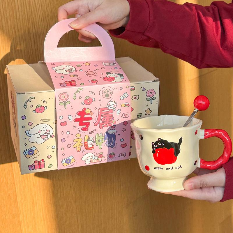 Cute cat apple ceramic mug as a gift, couple drinking cup for girls' birthday gift gift gift box