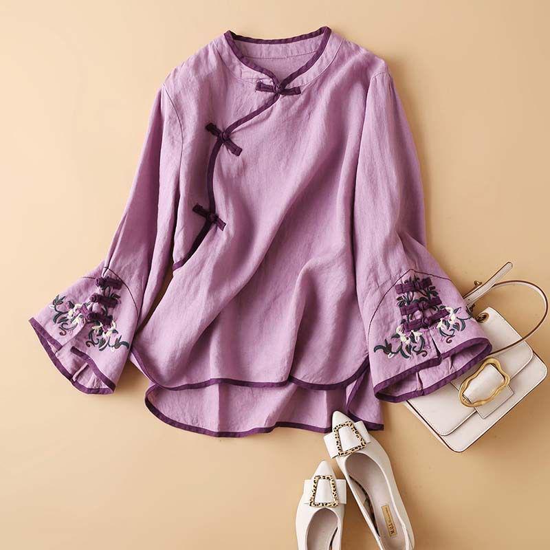 

Весна/Осень 2024 Женский топ с вышитым косым воротником в китайском стиле 3XL (75-87.5 kg) фиолетовый