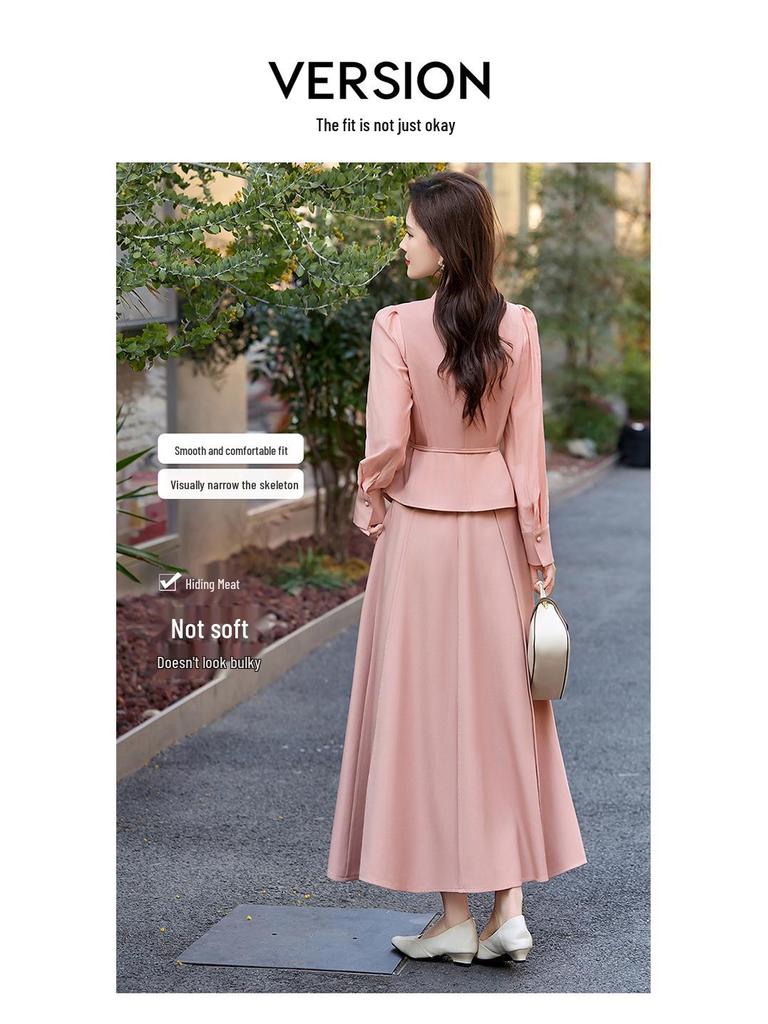 Red Elegant Women's Suit Set: Chic Waist-Slimming Shirt & Midi Skirt for Spring/Autumn 2025.