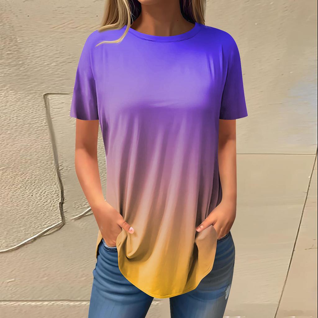 Women's Fashion Casual Round Neck Gradient Printed Short Sleeve Pullover T-Shirt Top