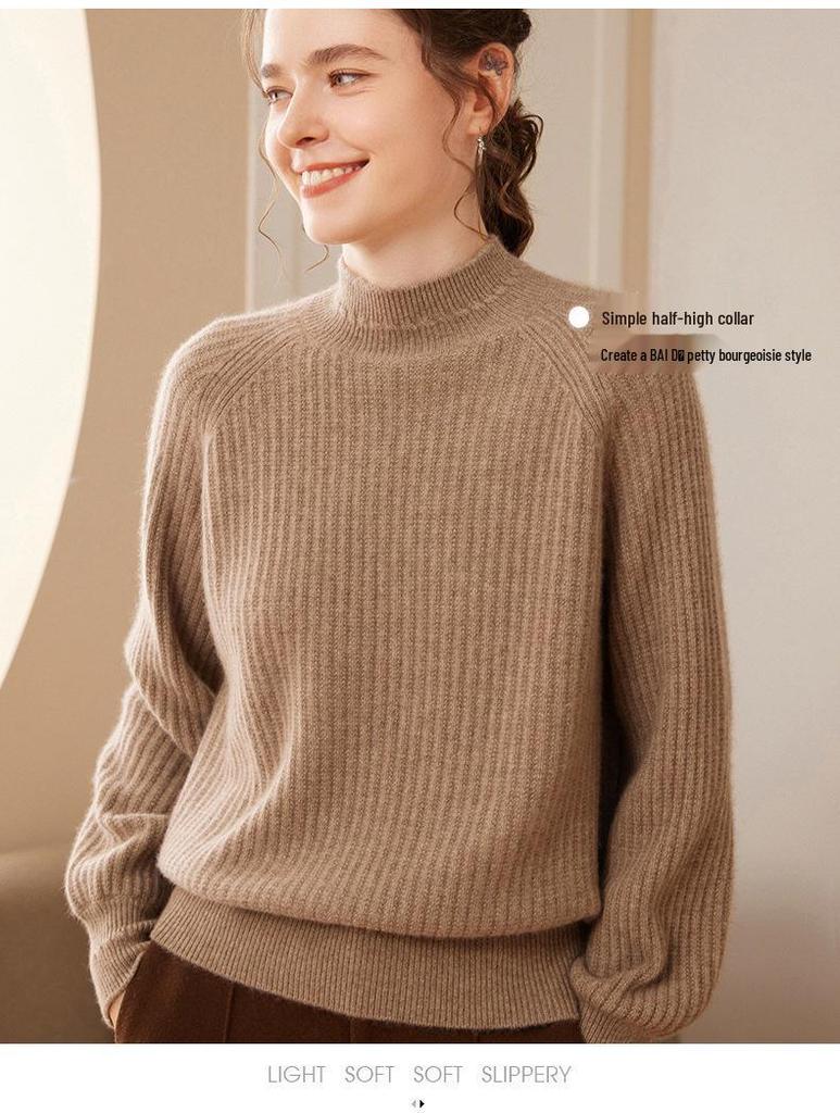 Women's Cashmere Pullover: Loose Fit, Thick 7-Gauge, Half-High Collar, Solid Color Knitwear Sweater for Autumn/Winter.