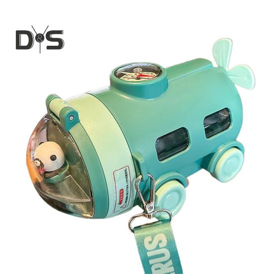 

Бутылка для воды с рисунком, соломинкой и ремешком, 550 мл, в форме подводной лодки, поильник для детей, многоразовый съемный силиконовый носик, стакан для воды для школьных видов спорта зелёный