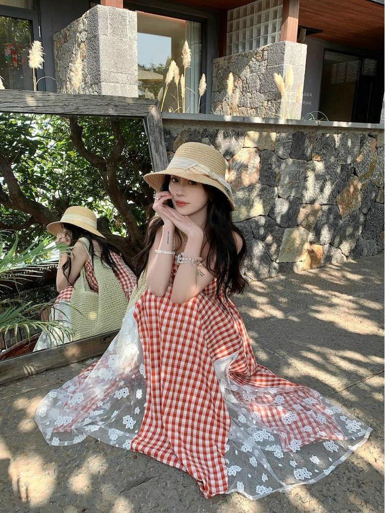 Retro Französisches Karomuster Patchwork Spitze Bandeau Kleid für Damen - Taillenbetontes Langes Kleid, Frühling/Sommer 2026 Kollektion
