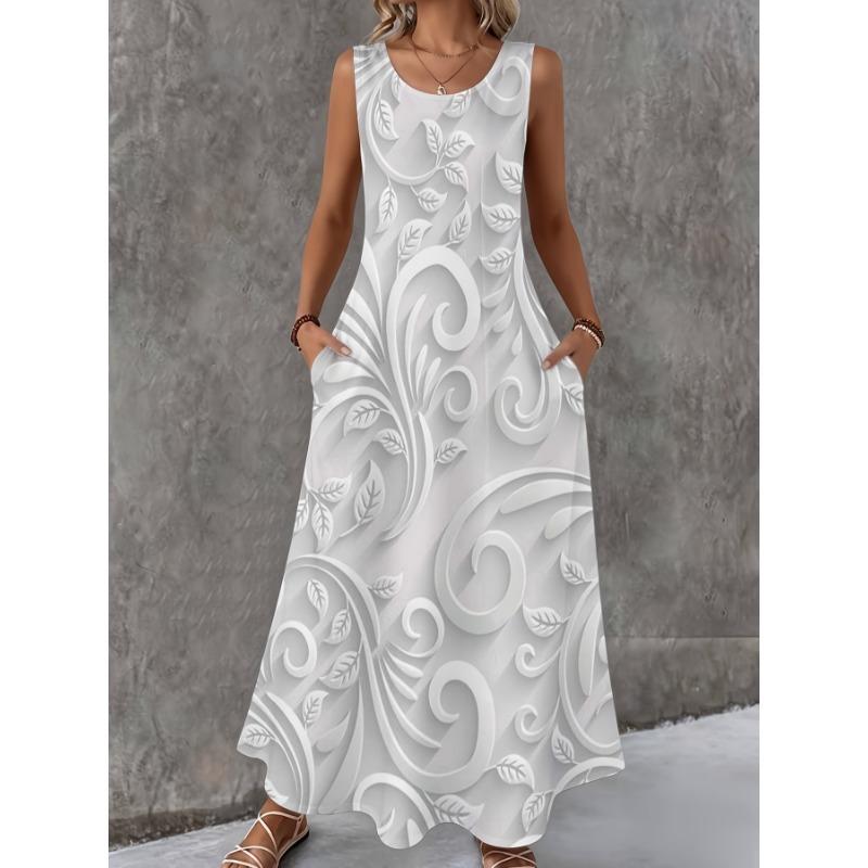 Women Sleeveless Dress Round Neck with 3D Print Long Maxi Dress for Summer Beach Vacation Casual Wear