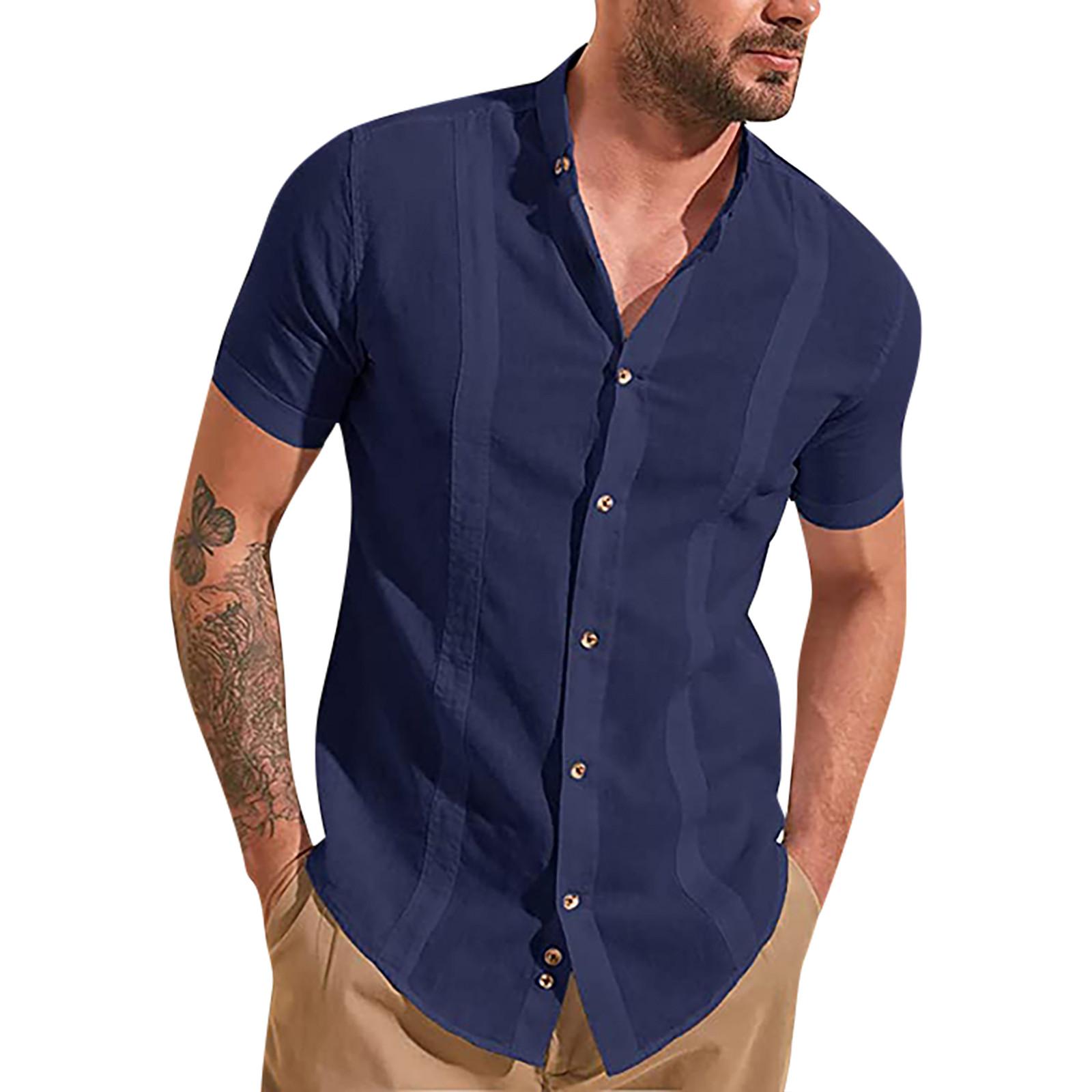 Men s Spring Summer Casual Fashion Cotton Linen Colour Lapel Short Sleeve XL